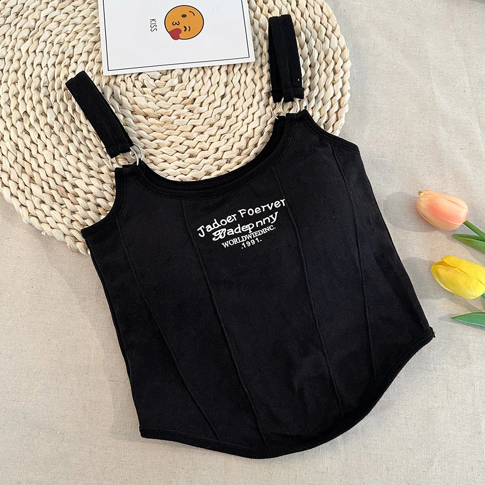 Modische Sommer-Crop-Tops für Frauen – Sexy Camisole mit Letter-Print, Quadrat-Ausschnitt und Polsterung, Y2K Stil, Ärmellos