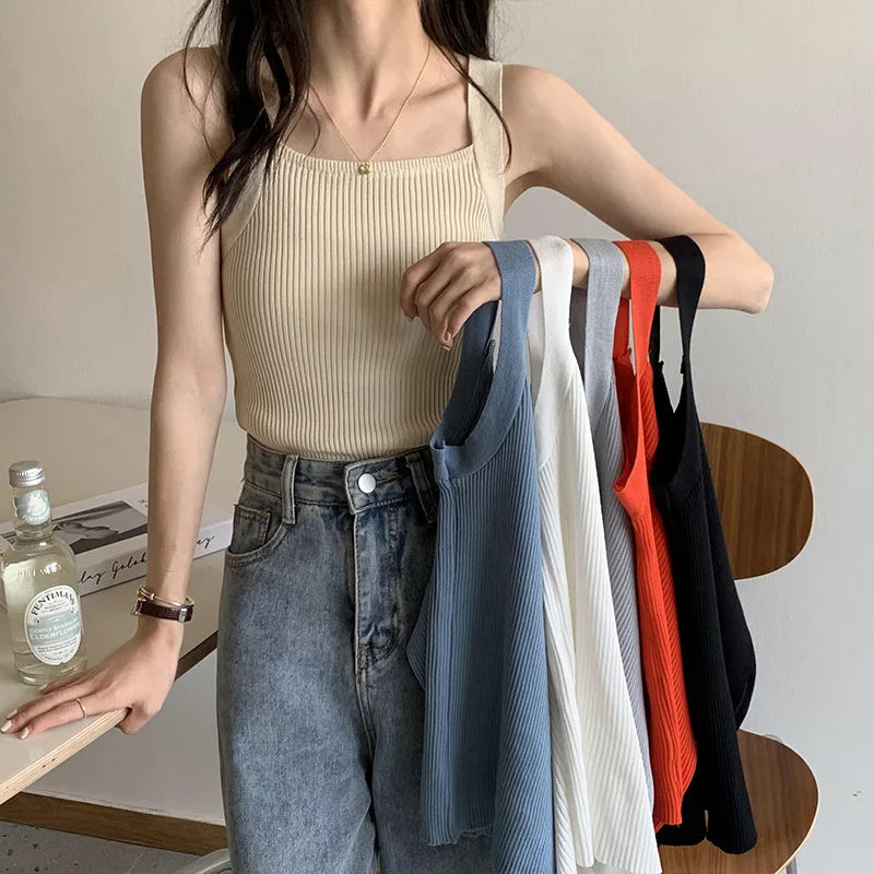 Niedliche Damen Casual Crop Tops – Strapy Einfarbige Camisoles und Tank Tops im Koreanischen Stil