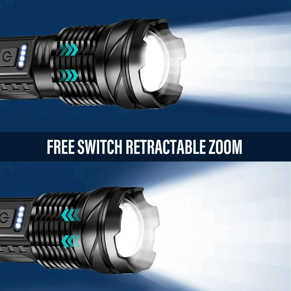 Leistungsstarke XHP50 LED Taschenlampe – Wasserdicht, Wiederaufladbar, 7 Modi, Seitlich Licht, Zoom-Funktion, Ideal für Camping und Angeln