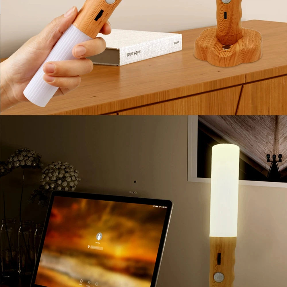 Magnetische USB LED Holzlampe - Nachtlicht für Küche, Schrank, Treppe und Nachttisch, Fackellampe für die Wand