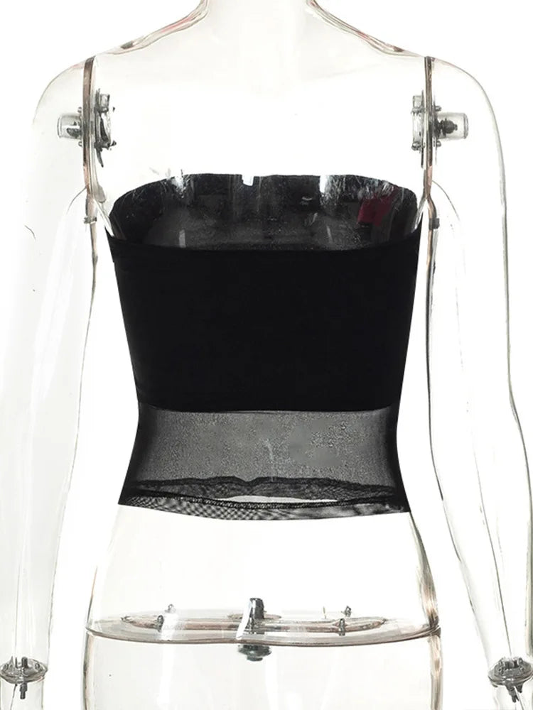 Frauen Crop Top aus Mesh – Schwarzes Corset mit Patchwork-Design, Strapless, Off-Shoulder und Slim Fit für Sommer und Streetwear