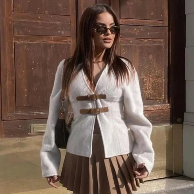 Modische Damenjacke mit V-Ausschnitt – Einreihige Mäntel mit langen Ärmeln für Frühling und Herbst, Elegante und lässige Übergangsjacke
