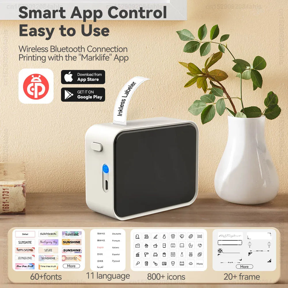 Kompakter Bluetooth-Etikettendrucker – Tragbarer DIY-Thermodrucker für selbstklebende Etiketten, Optimal für Zuhause, Büro und unterwegs, Mit 5 Packungen weißer Etiketten
