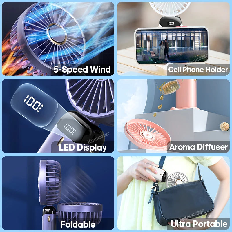 Faltbarer Mini-Handventilator mit USB-Aufladung – Tragbarer 5-Geschwindigkeits-Halsventilator mit Telefonhalter und Display