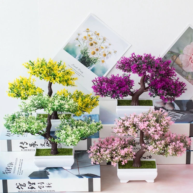Künstliche Bonsai-Pflanzen im kleinen Topf - Kunstpflanzenblumen in Töpfen als Dekoration für Zuhause, Zimmer, Tisch und Garten