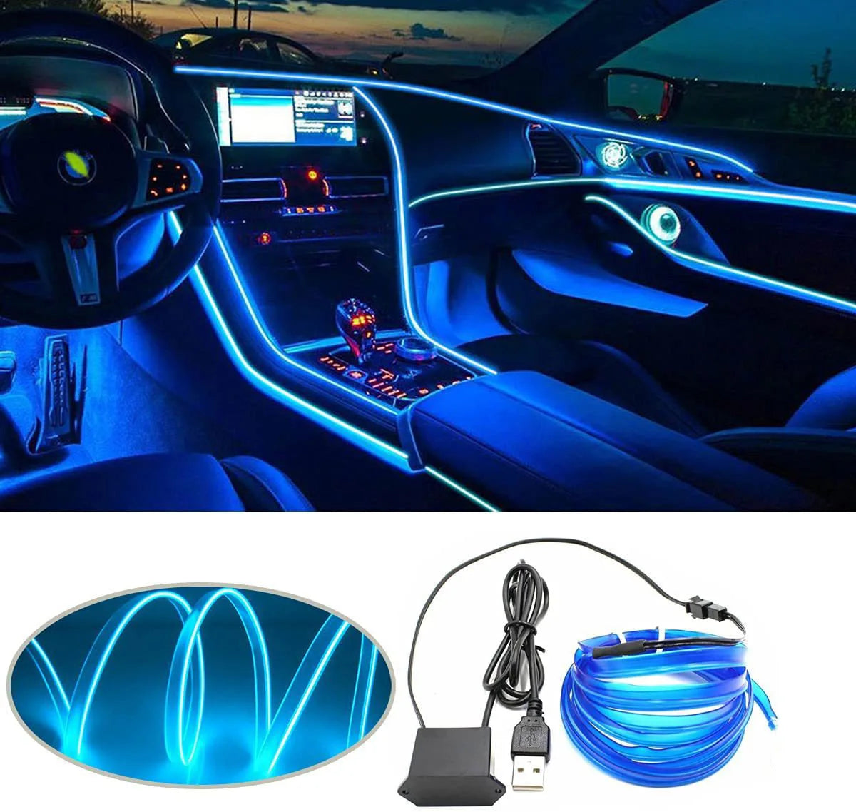 3M EL LED Kaltlicht-Ambientebeleuchtung für Auto – USB-Betrieb, DIY Dekorationsleiste für Armaturenbrett und Innenraum, Flexibles Atmosphärenlicht für Autos