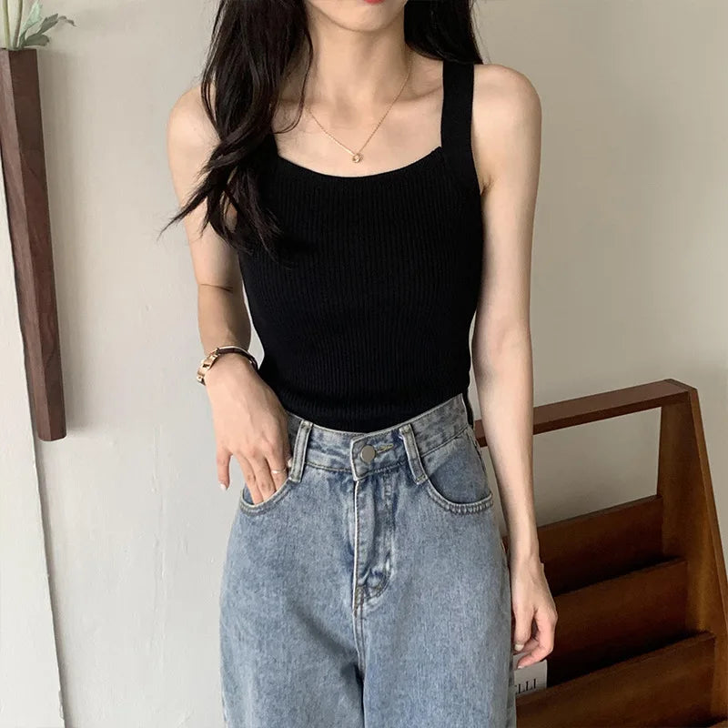 Niedliche Damen Casual Crop Tops – Strapy Einfarbige Camisoles und Tank Tops im Koreanischen Stil