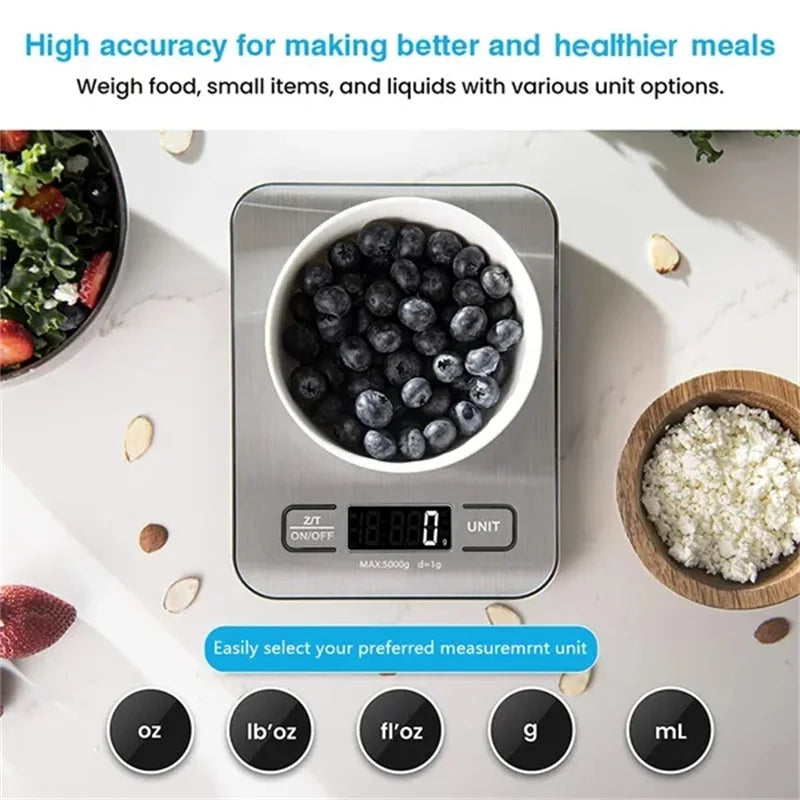 Digitale Küchenwaage aus Edelstahl: 5 kg/10 kg Kapazität, USB-Ladefunktion, präzise Messungen, tragbar, multifunktionales LCD-Display