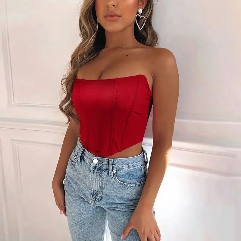 2024 Stilvolles Samt Crop-Top für Damen – Ärmelloses Korsett mit Rückenfreiem und Off-Shoulder Design, Perfekt für Modebewusste Frauen