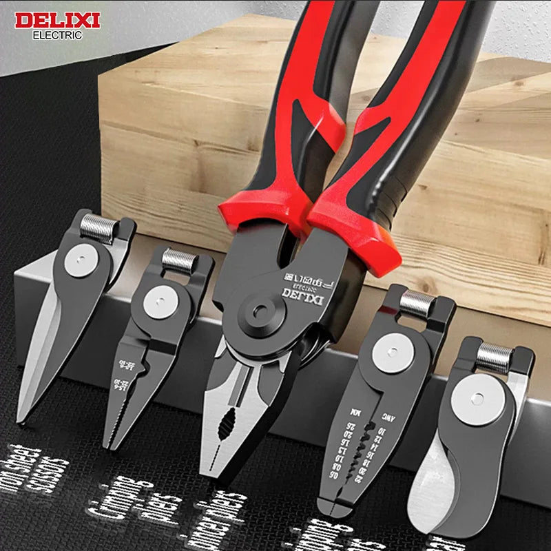 DELIXI Multifunktionszangen-Set 5-in-1 – Interchangeable Plier Heads für Draht, Kabel, Abisolieren, Crimpen & Klemmen, Profi-Werkzeug für Elektrik & Handwerk