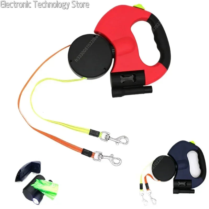 Doppelte Hundeleine mit Licht – Retractable, drehbare Leine für 2 Hunde, tragbar und ideal für sichere Spaziergänge mit LED-Licht