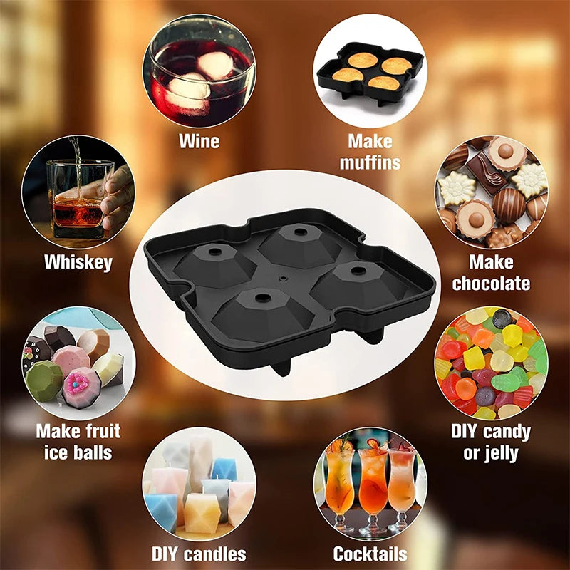 Extra Große Silikon-Eiswürfelschalen mit Deckel – Wiederverwendbare Eiswürfelformen für den Gefrierschrank, inklusive Formen für Whisky-Eiswürfel, Diamant-Eiswürfel und runde Kugeln,