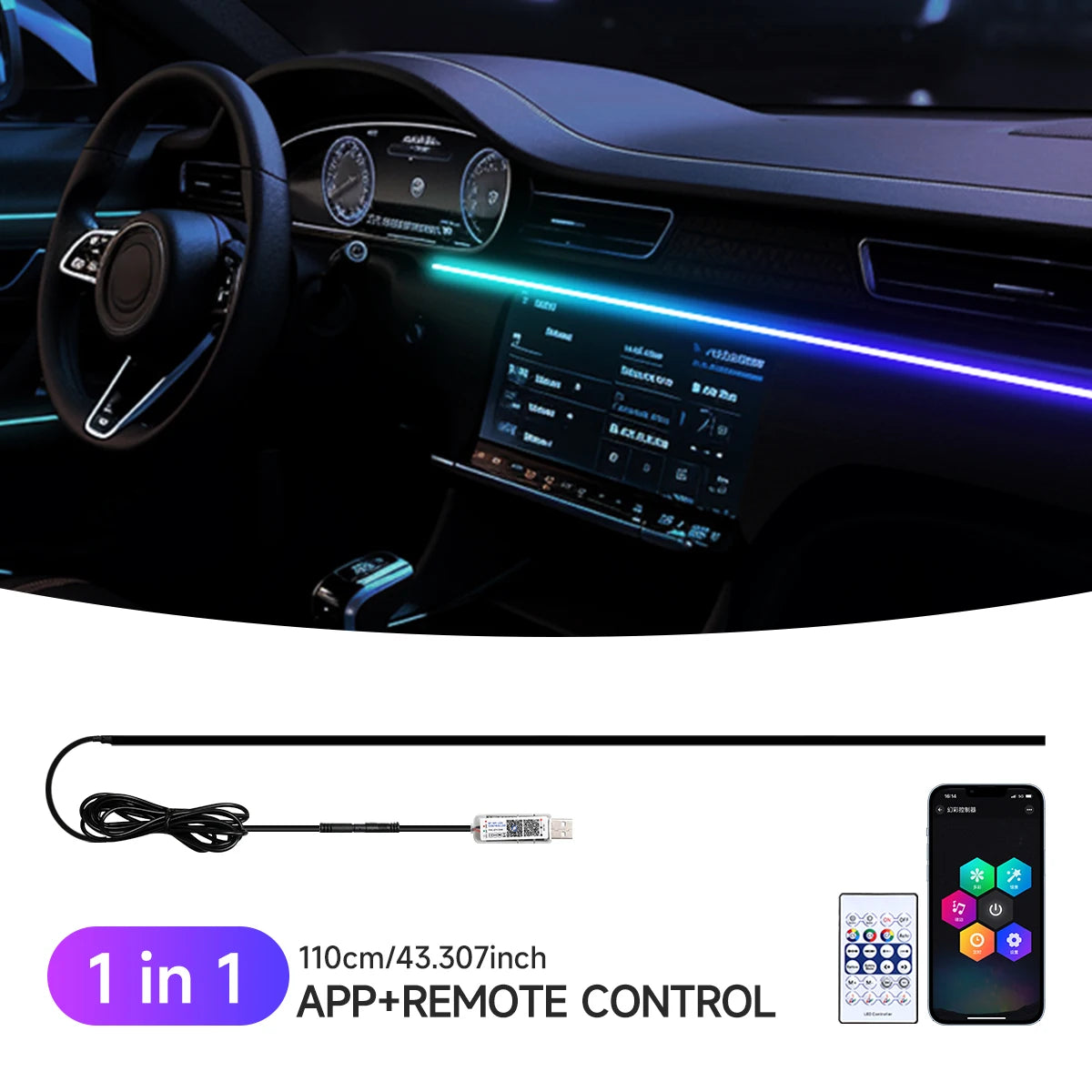 Auto-Ambiente-Lampe mit RGB-Symphonie – USB-geladen, für stilvolle Beleuchtung und App-Musiksteuerung