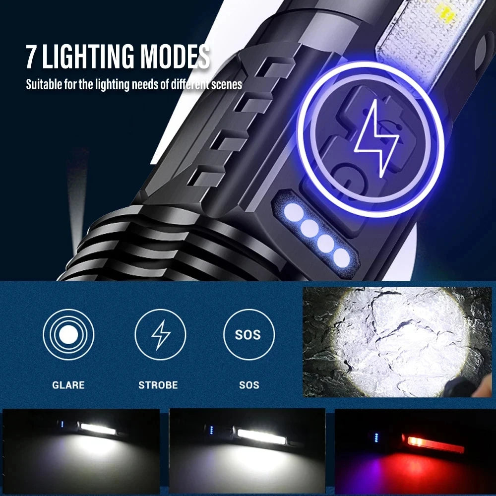 Leistungsstarke XHP50 LED Taschenlampe – Wasserdicht, Wiederaufladbar, 7 Modi, Seitlich Licht, Zoom-Funktion, Ideal für Camping und Angeln