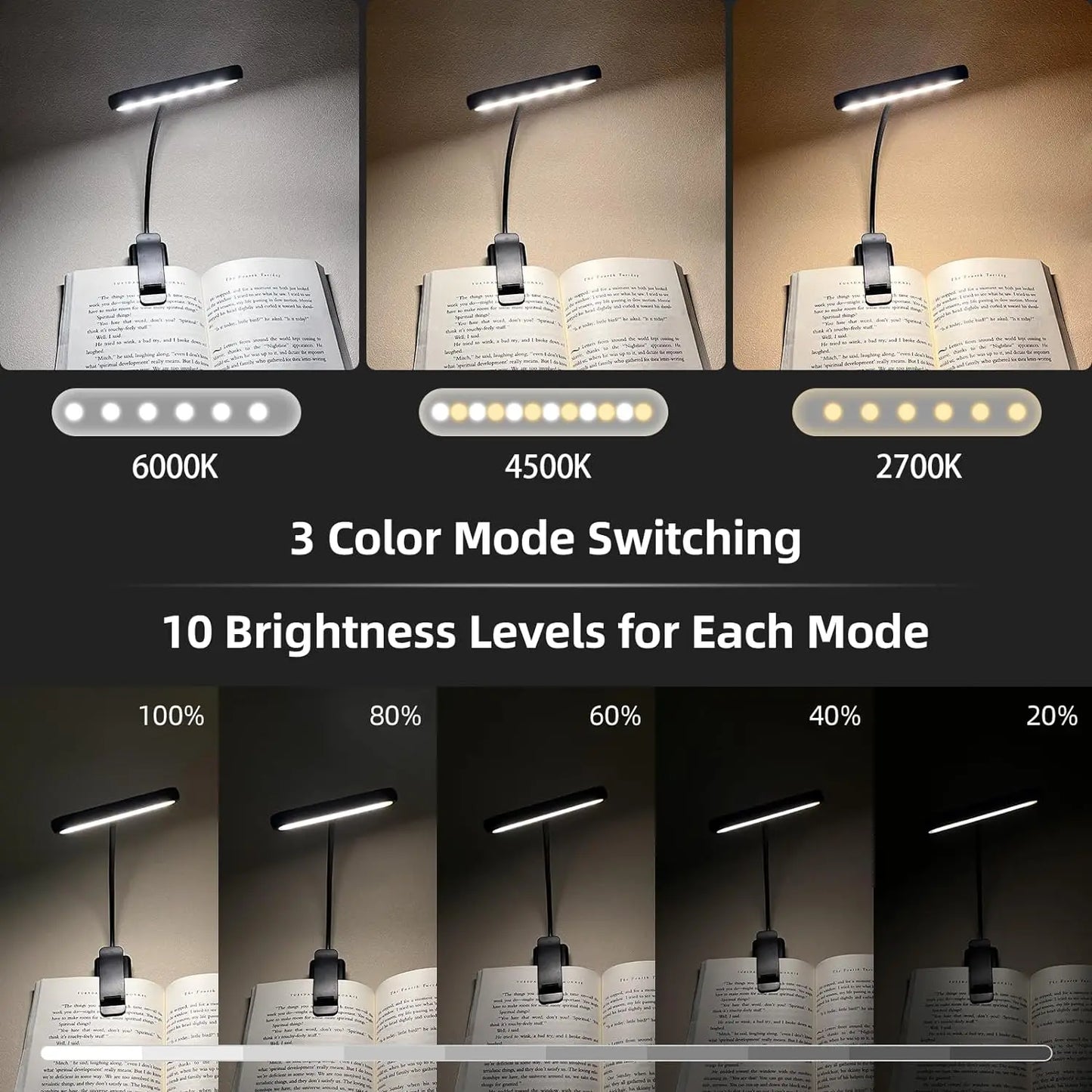 Gritin LED Leselampe 14 LEDs – USB aufladbar, Warm-/Kaltlicht & Tageslichtmodus, Flexibel & leicht anzubringen, Perfekt für Bücher & Nachttisch