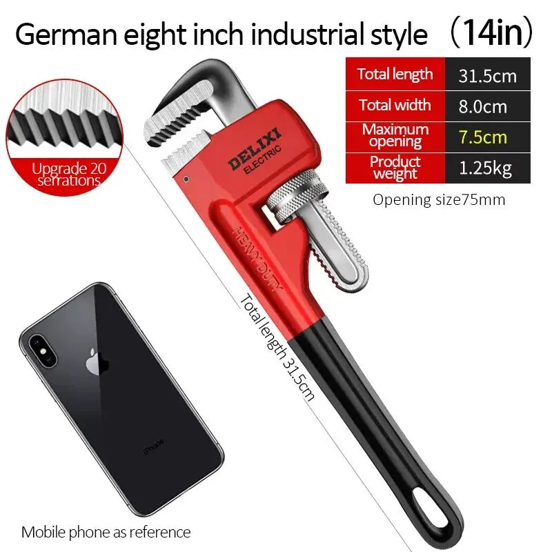 DELIXI Profi-Rohrzange 14 Zoll – Schwerlast-Rohrzange aus Carbonstahl & Aluminium, verstellbar, große Öffnung, für Rohrinstallation & -reparatur