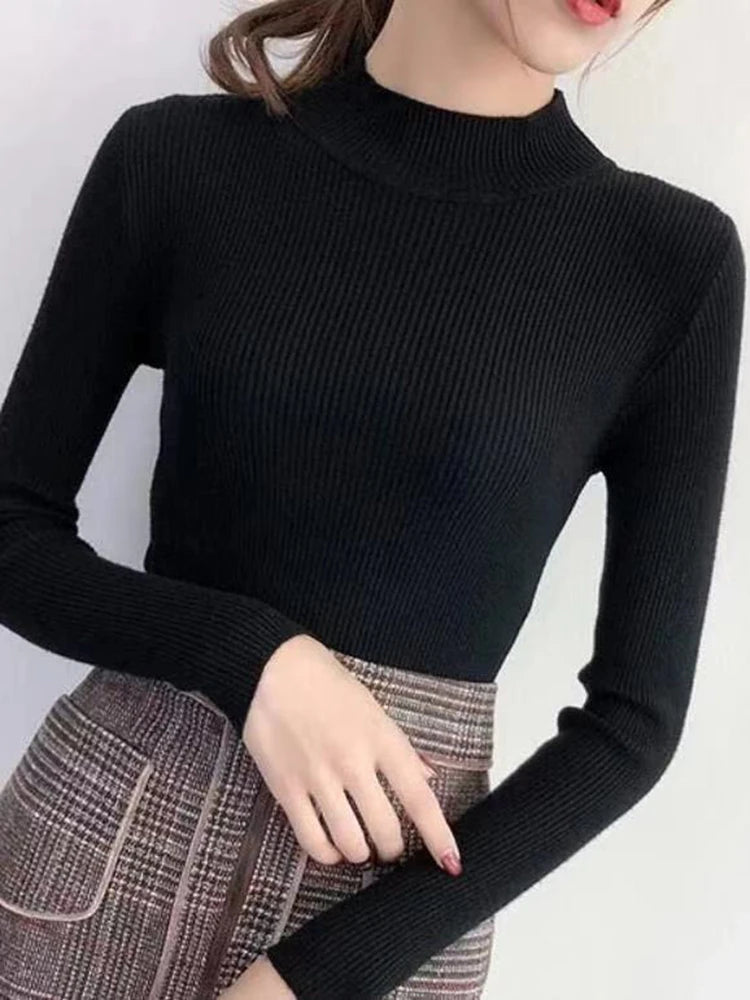 Vintage Basic Mock Neck Pullover für Frauen – Herbst-Winter Stricktop, Casual Slim Fit, Koreanische Mode, Einfach und Elegant