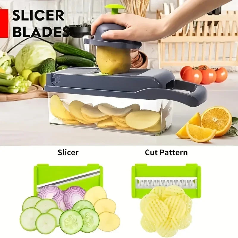 16-in-1 Multifunktionaler Gemüseschneider – Kompletter Küchenhelfer für Gemüse- und Obstschnitten, Zwiebelhobel, Reibe und Slicer, Ideal zum Schneiden,