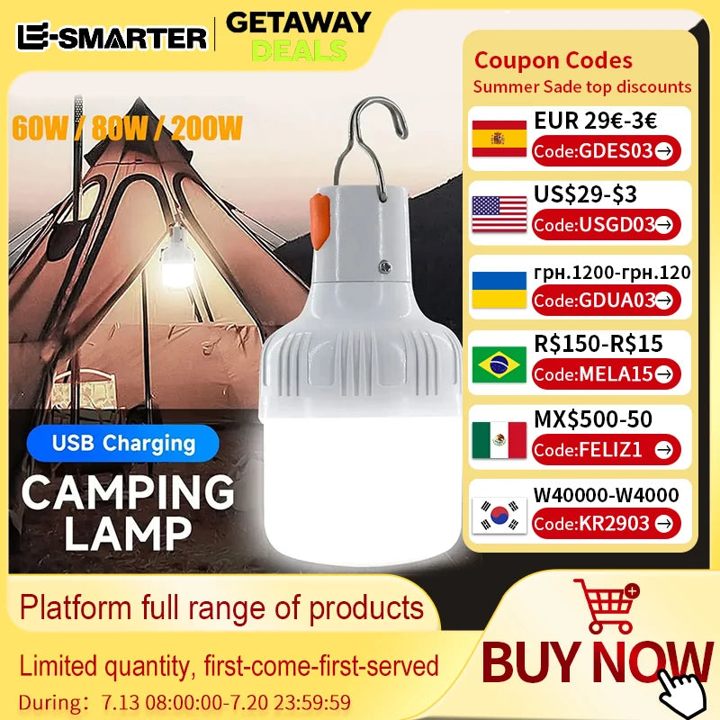 200W Hochleistungs-LED Campinglicht – Wiederaufladbare Tragbare Laterne mit Haken, Ideal für Outdoor-Notfälle, BBQ und Zeltbeleuchtung