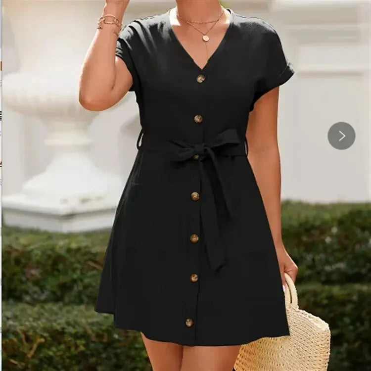 Sommerliches Kurzarmkleid mit V-Ausschnitt – Einreihiges, einfarbiges Freizeitkleid mit Gürtel