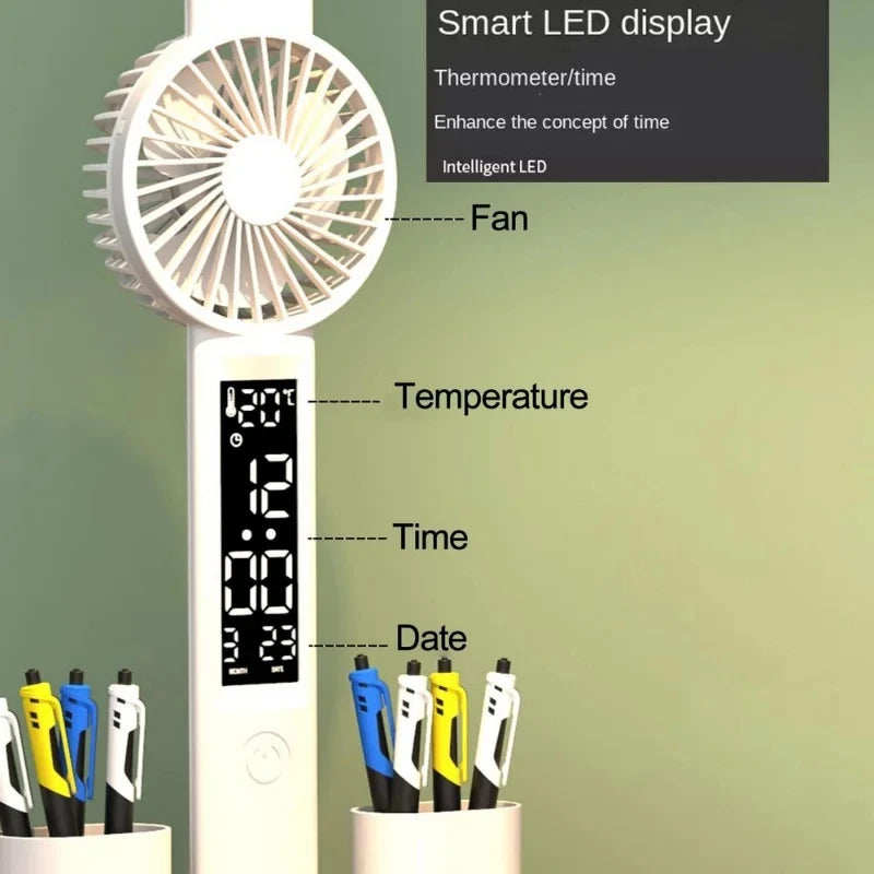 3-in-1 Wiederaufladbare Tischlampe – LED Leselampe mit Ventilator und digitaler Uhranzeige, Perfekt für Studenten unf Office
