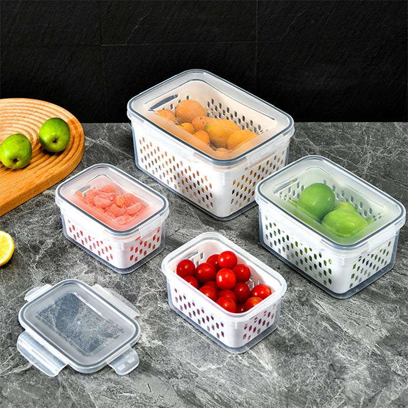 Kühlschrank-Aufbewahrungsbox – Frische Gemüse- und Obstboxen mit Abtropfkorb, Pantry-Küchenorganizer, Kühlschrank-Organizer, Für frisches Obst und Gemüse