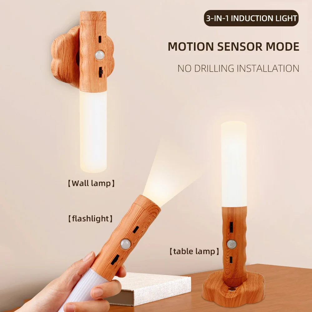 3 in 1 Induktionswandlampe USB wiederaufladbare magnetische Wandlampe Holz Farbe Nachttischlampe Elektrische Fackel für Korridor Schlafzimmer