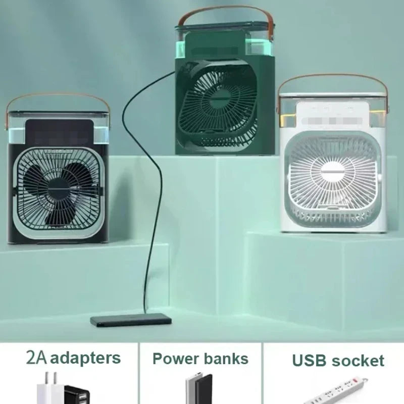 3-in-1 Tragbarer Lüfter und Luftkühler - Kompaktes Haushaltsgerät mit LED-Nachtlicht und Befeuchter für angenehmen Schlaf, 3 Geschwindigkeiten, USB-Elektroventilator für Büro und Zuhause