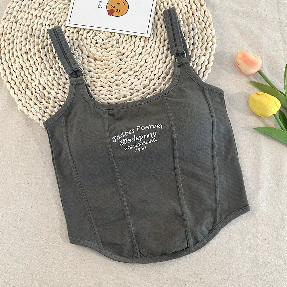 Modische Sommer-Crop-Tops für Frauen – Sexy Camisole mit Letter-Print, Quadrat-Ausschnitt und Polsterung, Y2K Stil, Ärmellos