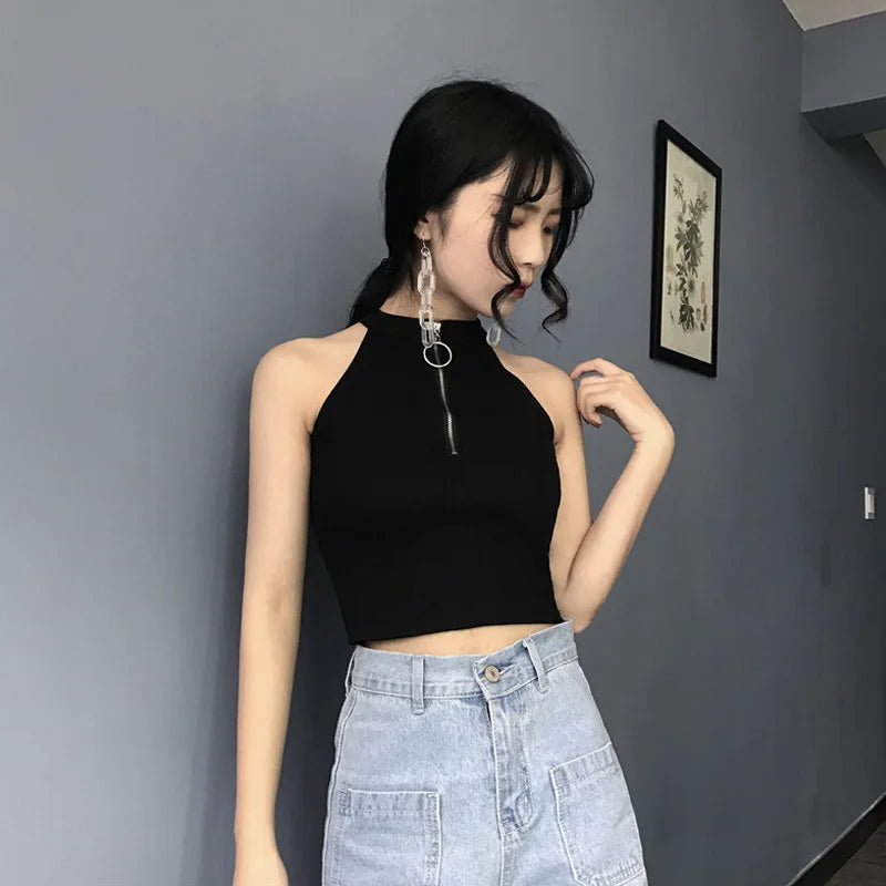Damen Crop Top mit Reißverschluss – Retro Strick-Leibchen für den Sommer