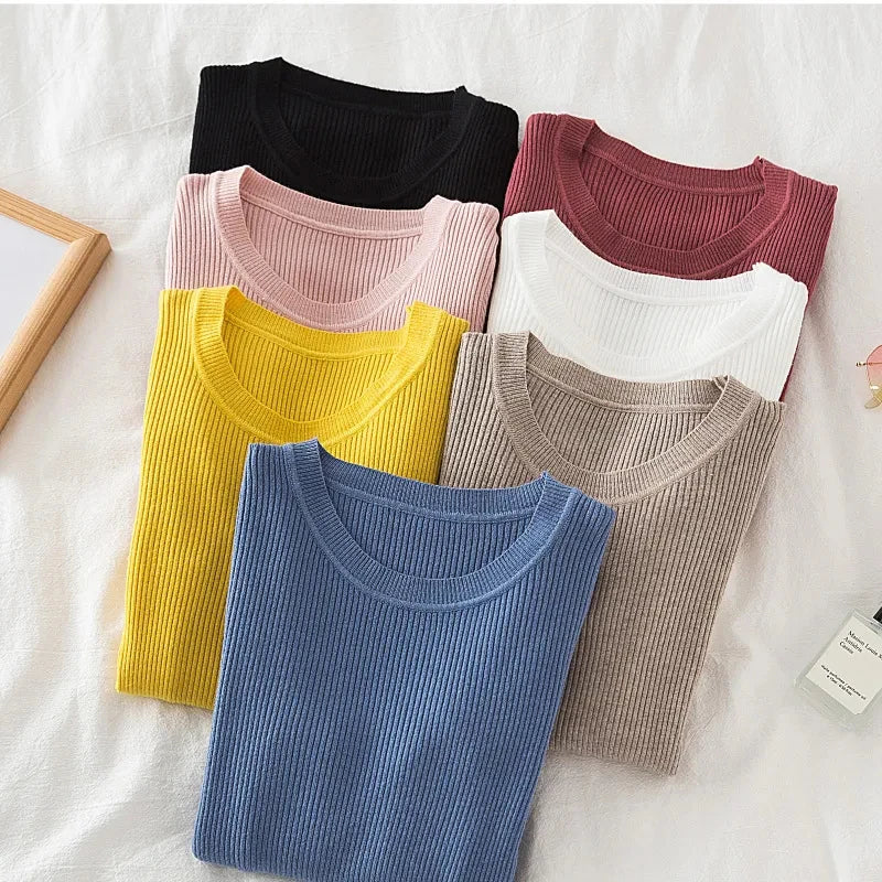 Damen Pullover für den Herbst mit langen Ärmeln - Modisches Basic-Top mit Rundhalsausschnitt und elastischem Strickmuster für den Winter