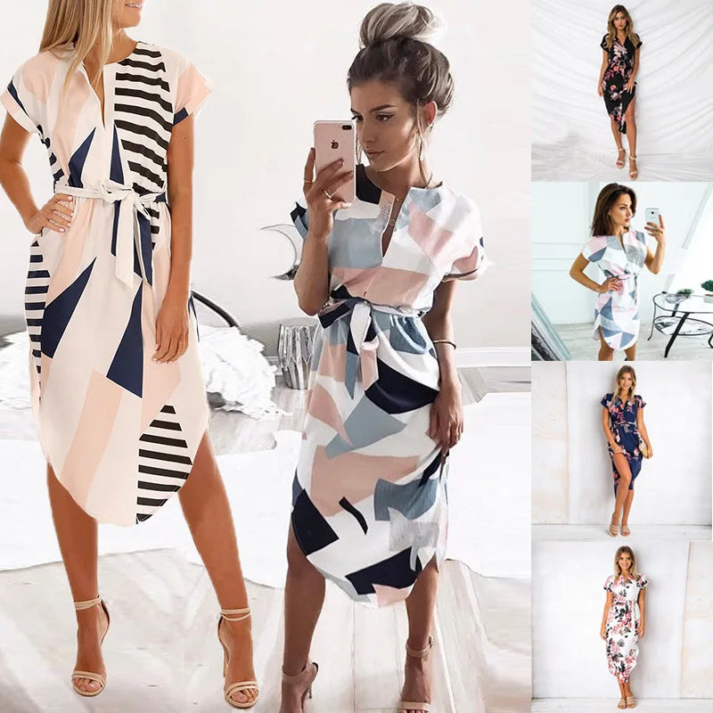 Elegante Damen Tunika – Sommerkleid mit V-Ausschnitt, Kurzen Ärmeln, Gürtel und Geometrischem Druck, Unregelmäßiger Schnitt, Europäisch und Amerikanisch