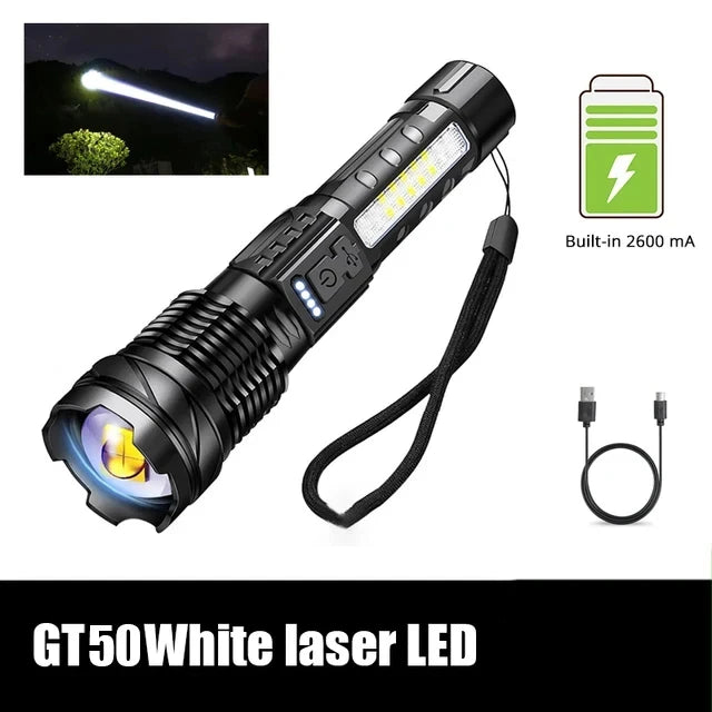 Leistungsstarke XHP50 LED Taschenlampe – Wasserdicht, Wiederaufladbar, 7 Modi, Seitlich Licht, Zoom-Funktion, Ideal für Camping und Angeln