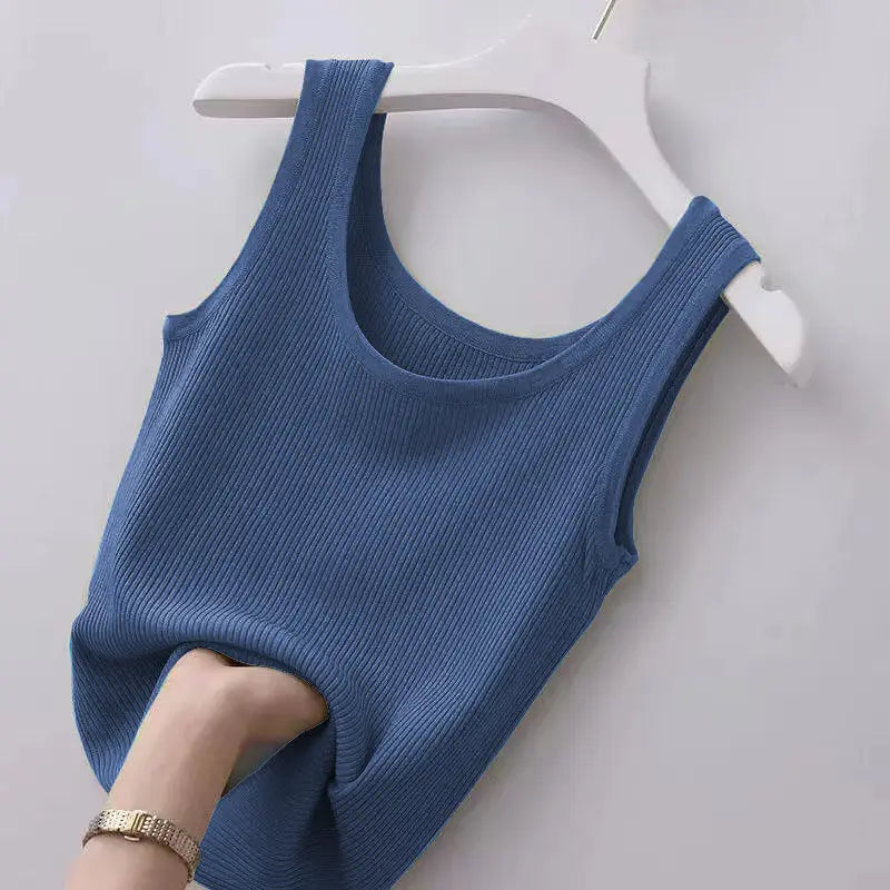 Einfarbiges Damen Tank Top: Sommerliche Strickweste mit O-Ausschnitt – Ärmellos, in schwarz, weiß oder blau