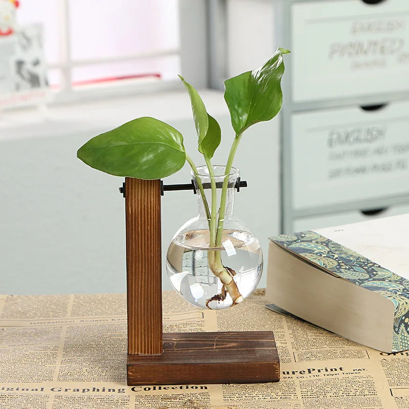 Tischdekoration Glasvase mit Holzrahmen für Terrarium Hydrokulturpflanzen - Vintage-Flumentopf für Zuhause und Bonsai-Dekor