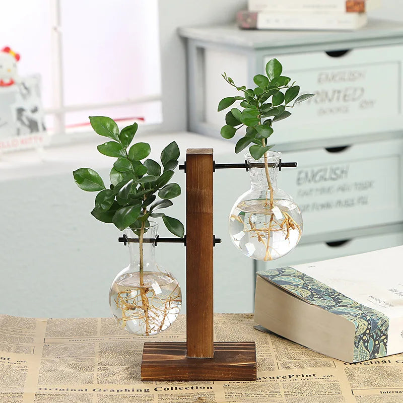Tischdekoration Glasvase mit Holzrahmen für Terrarium Hydrokulturpflanzen - Vintage-Flumentopf für Zuhause und Bonsai-Dekor