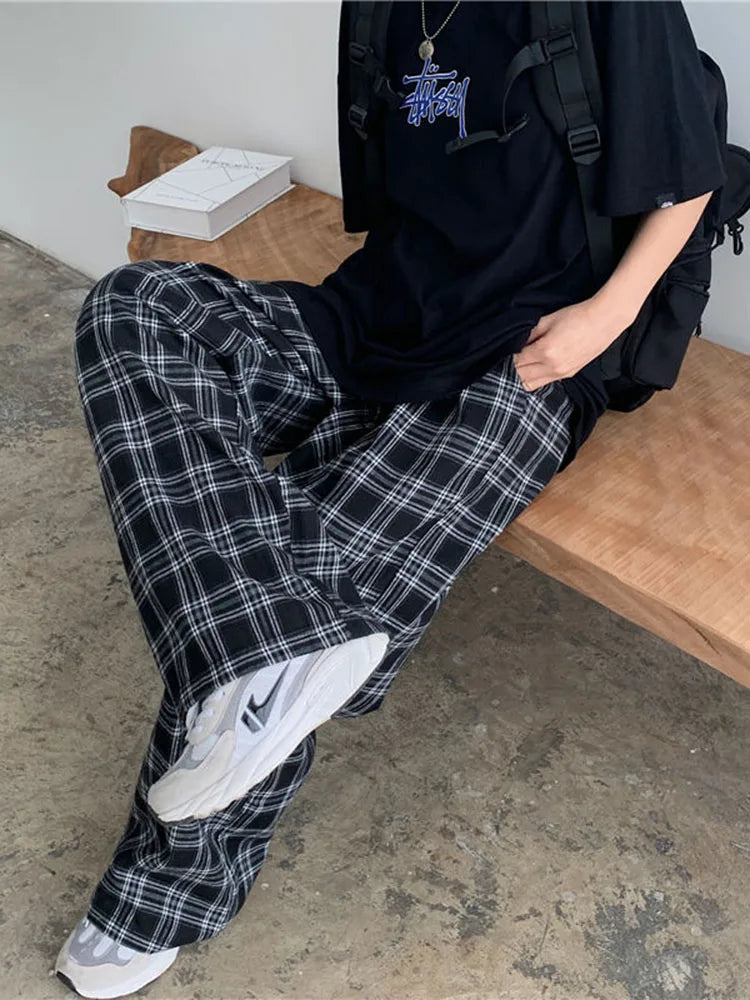 Oversize Schwarze Damen-Hose im Karo-Muster – Lässige Weitbein-Trousers für Streetwear und Harajuku-Stil, Retro-Chic, Größen S bis 3XL