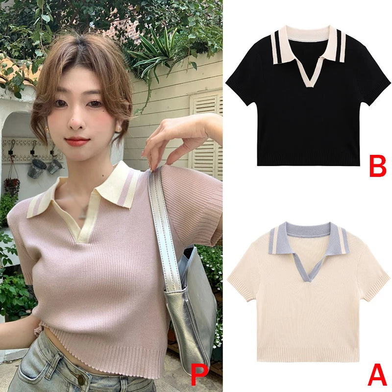 Frühlings- und Sommermode für Damen – Vielseitiges T-Shirt mit Turndown-Kragen, Kurzärmlig, Kontrastfarben, Lässig, All-Match Innenbekleidung