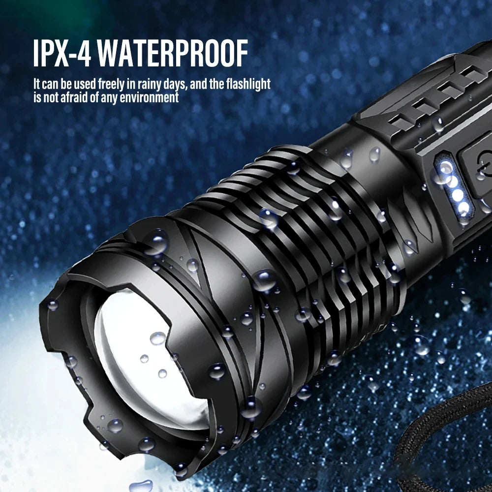 Leistungsstarke XHP50 LED Taschenlampe – Wasserdicht, Wiederaufladbar, 7 Modi, Seitlich Licht, Zoom-Funktion, Ideal für Camping und Angeln