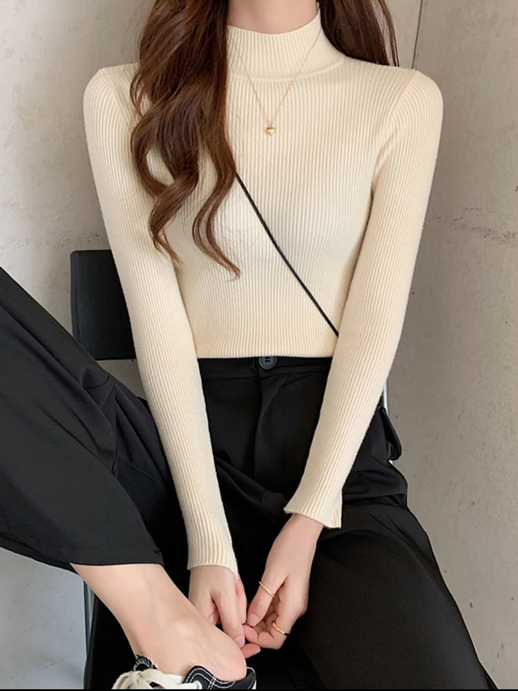 Vintage Basic Mock Neck Pullover für Frauen – Herbst-Winter Stricktop, Casual Slim Fit, Koreanische Mode, Einfach und Elegant