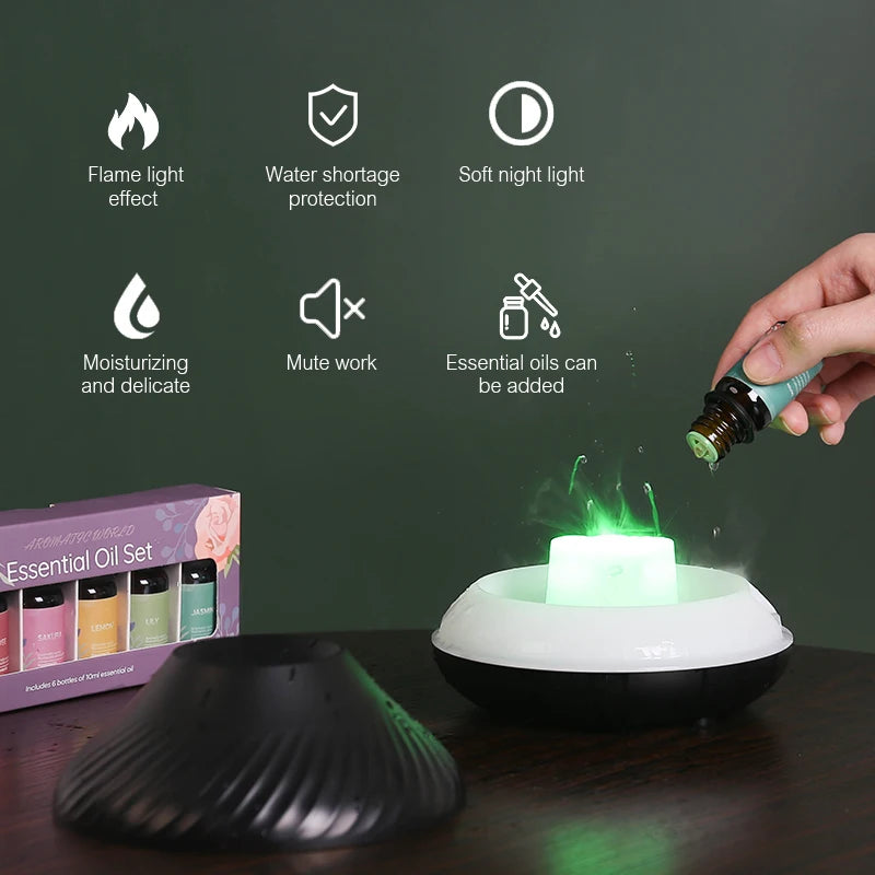 130ml Volcanic Aroma Diffusor - Tragbarer USB Luftbefeuchter mit ätherischem Öl und Farbflamme-Nachtlicht