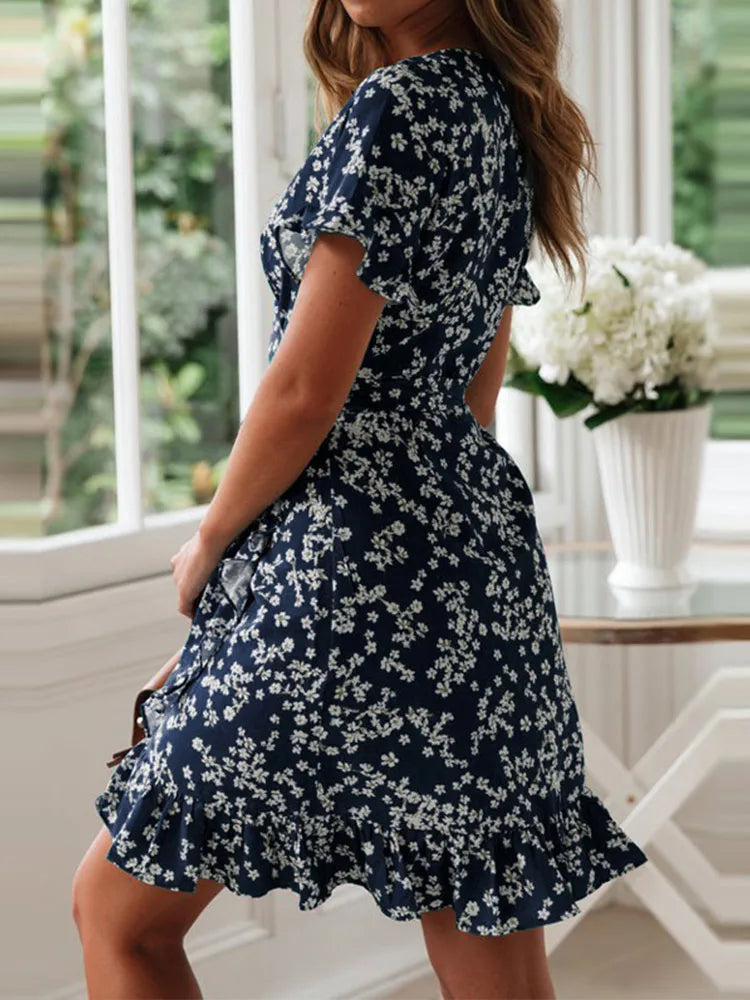 Boho V-Ausschnitt Kleid für Damen – Blumenmuster, Rüschen, Kurzarm, A-Linie, Chiffon Mini Strandkleid