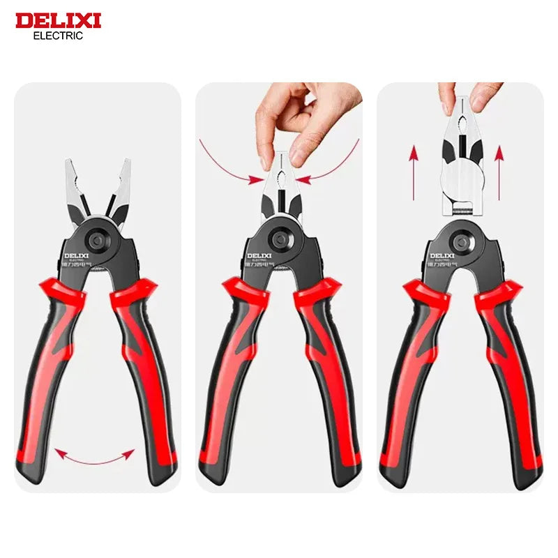 DELIXI Multifunktionszangen-Set 5-in-1 – Interchangeable Plier Heads für Draht, Kabel, Abisolieren, Crimpen & Klemmen, Profi-Werkzeug für Elektrik & Handwerk