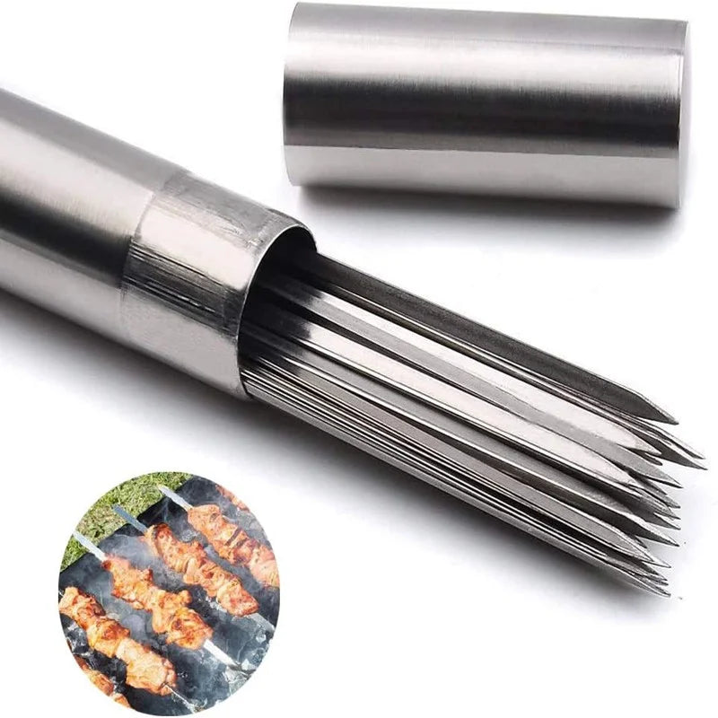 Edelstahl Grillspieße BBQ Schaschlik Gabeln Aufbewahrungsröhre Outdoor Camping Picknick Kochutensilien Wiederverwendbar 20 Stück