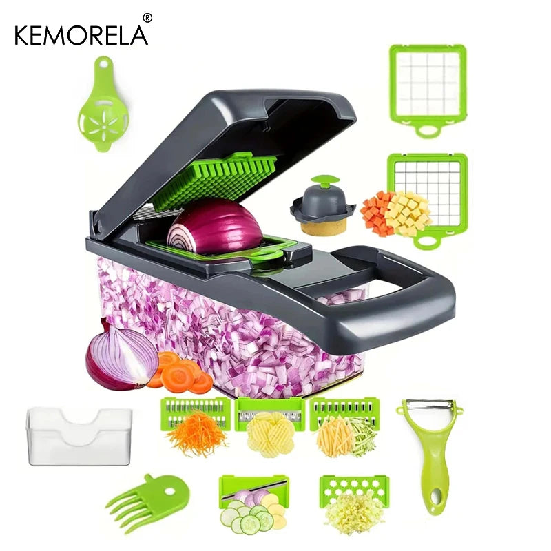 16-in-1 Multifunktionaler Gemüseschneider – Kompletter Küchenhelfer für Gemüse- und Obstschnitten, Zwiebelhobel, Reibe und Slicer, Ideal zum Schneiden,