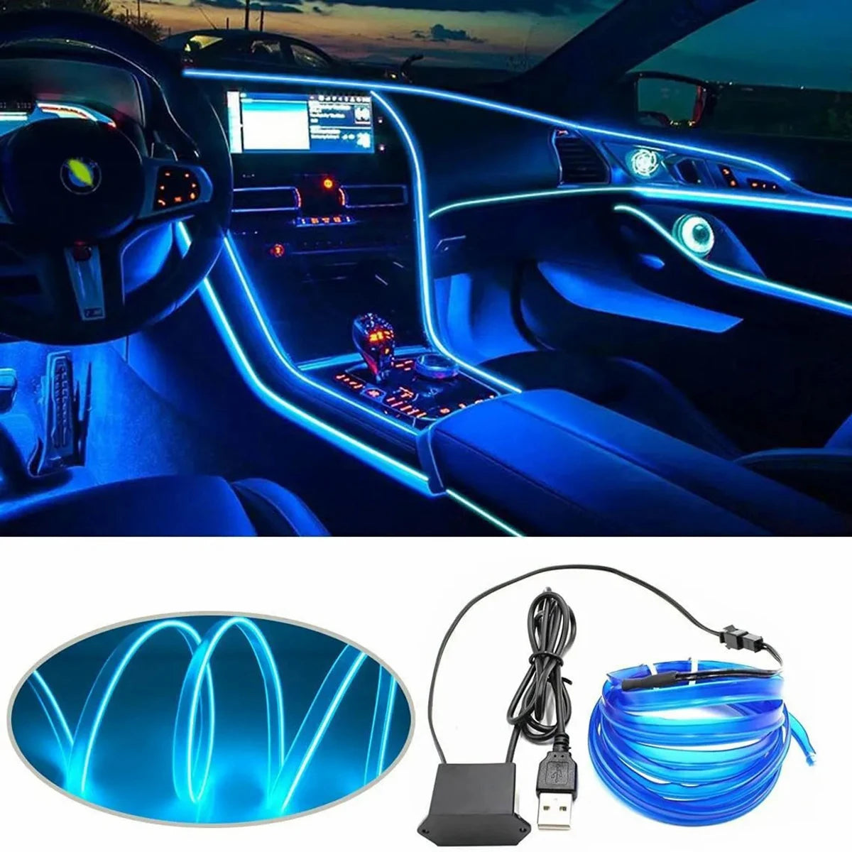3M EL LED Kaltlicht-Ambientebeleuchtung für Auto – USB-Betrieb, DIY Dekorationsleiste für Armaturenbrett und Innenraum, Flexibles Atmosphärenlicht für Autos