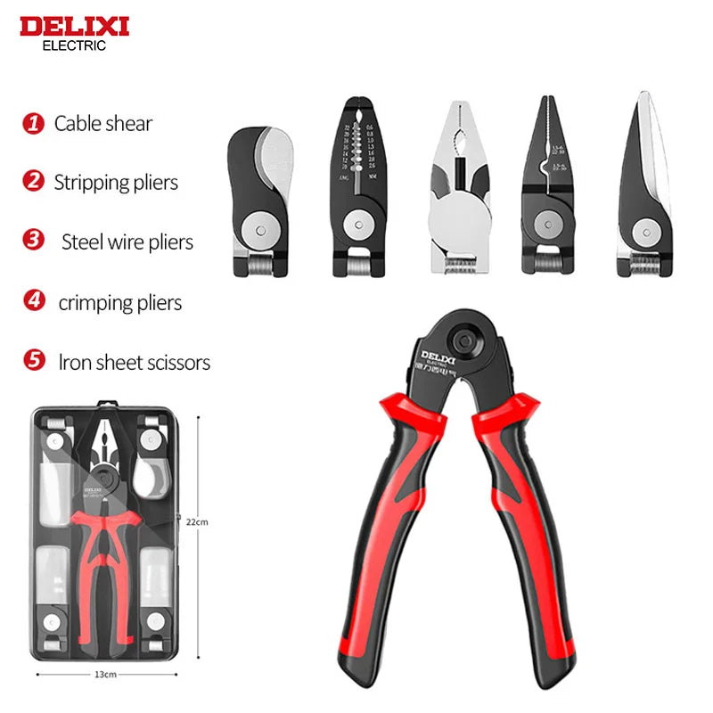 DELIXI Multifunktionszangen-Set 5-in-1 – Interchangeable Plier Heads für Draht, Kabel, Abisolieren, Crimpen & Klemmen, Profi-Werkzeug für Elektrik & Handwerk