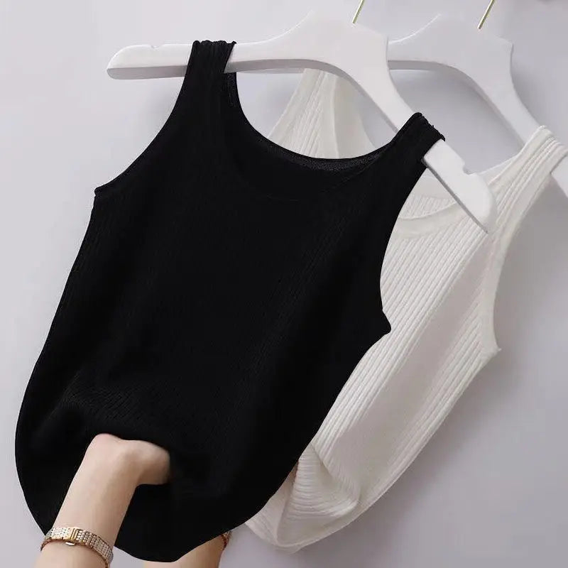 Einfarbiges Damen Tank Top: Sommerliche Strickweste mit O-Ausschnitt – Ärmellos, in schwarz, weiß oder blau