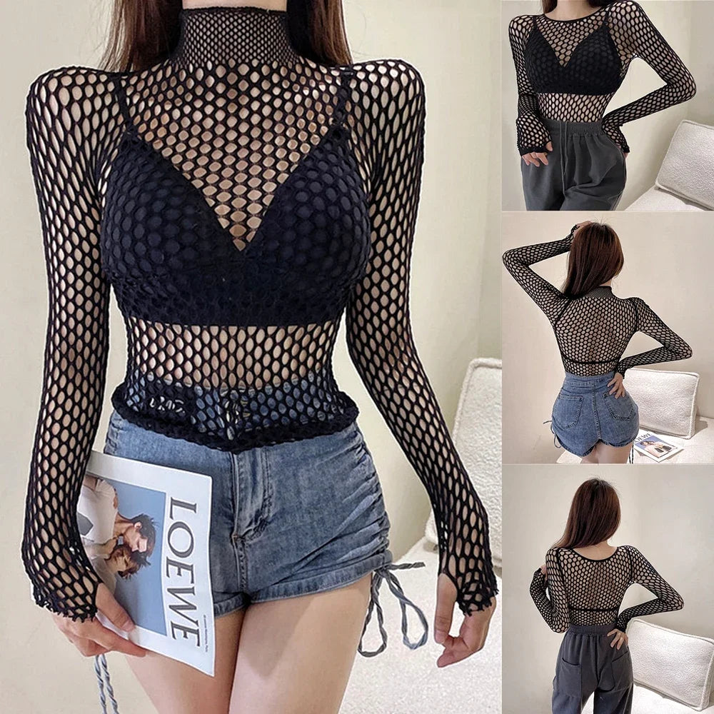 Schwarzes Gothic-Fischernetz-Top für Frauen – Durchsichtiges Mesh-Langarm-Shirt, eng anliegend mit Hollow-Out-Effekten, ideal für Streetwear