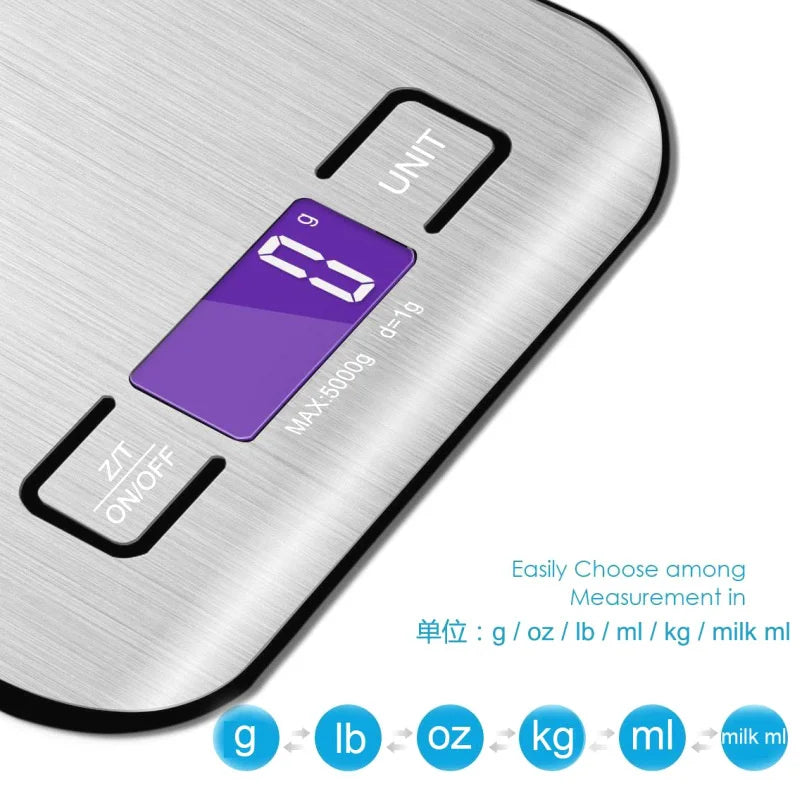 Digitale Küchenwaage aus Edelstahl: 5 kg/10 kg Kapazität, USB-Ladefunktion, präzise Messungen, tragbar, multifunktionales LCD-Display